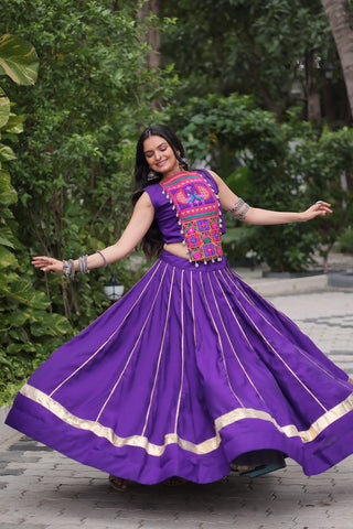 Purple Navratri Special Roman Fabric Lehenga Choli with Kutchi Gamthi & Mirror Work ClothsVilla