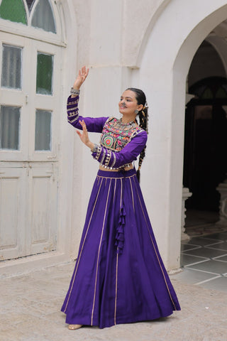 Purple Navratri Special Roman Fabric Lehenga Choli with Kutchi Gamthi & Mirror Work ClothsVilla