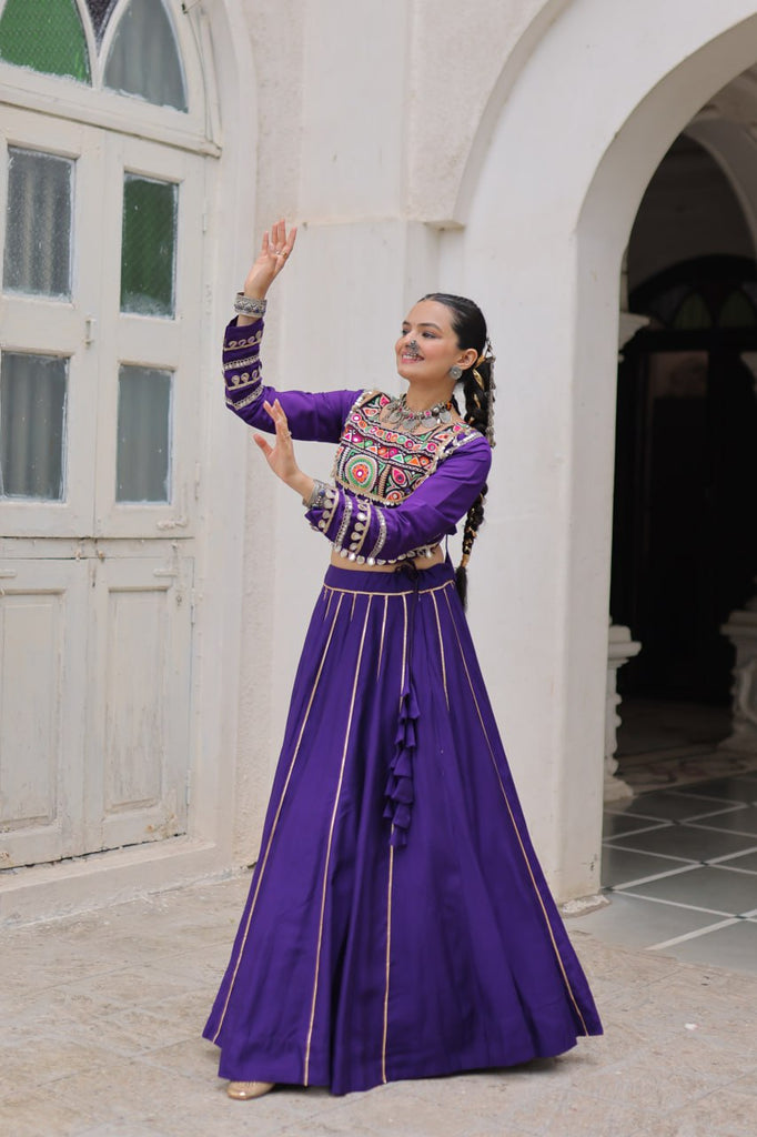 Purple Navratri Special Roman Fabric Lehenga Choli with Kutchi Gamthi & Mirror Work ClothsVilla