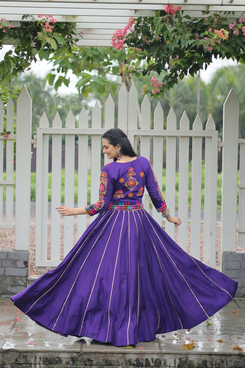 Purple Navratri Special Roman Fabric Lehenga Set with Kutchi Gamthi Embroidery & Gota Patti Lace ClothsVilla