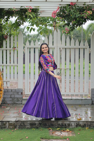 Purple Navratri Special Roman Fabric Lehenga Set with Kutchi Gamthi Embroidery & Gota Patti Lace ClothsVilla