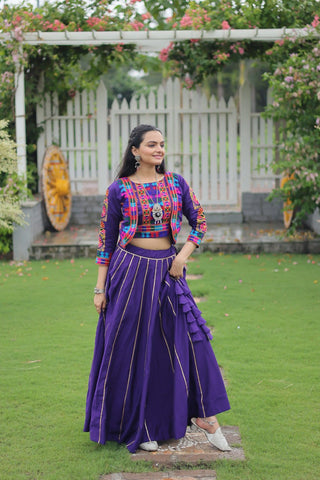 Purple Navratri Special Roman Fabric Lehenga Set with Kutchi Gamthi Embroidery & Gota Patti Lace ClothsVilla