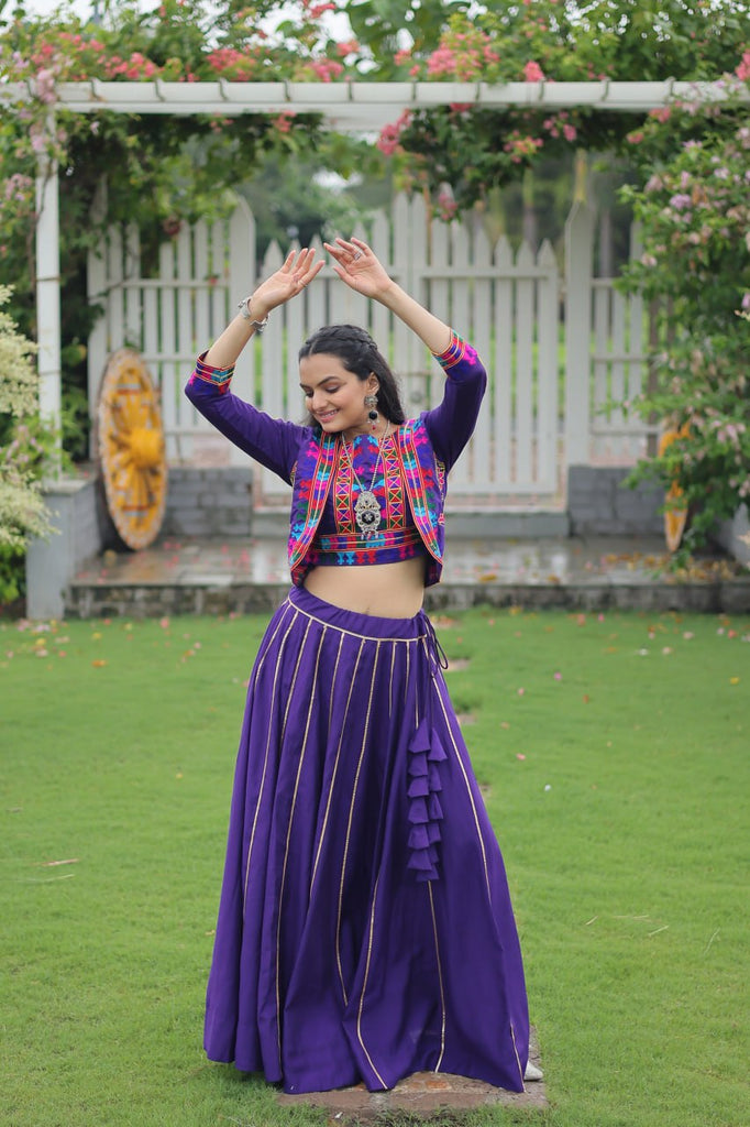 Purple Navratri Special Roman Fabric Lehenga Set with Kutchi Gamthi Embroidery & Gota Patti Lace ClothsVilla