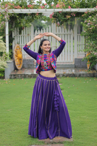 Purple Navratri Special Roman Fabric Lehenga Set with Kutchi Gamthi Embroidery & Gota Patti Lace ClothsVilla
