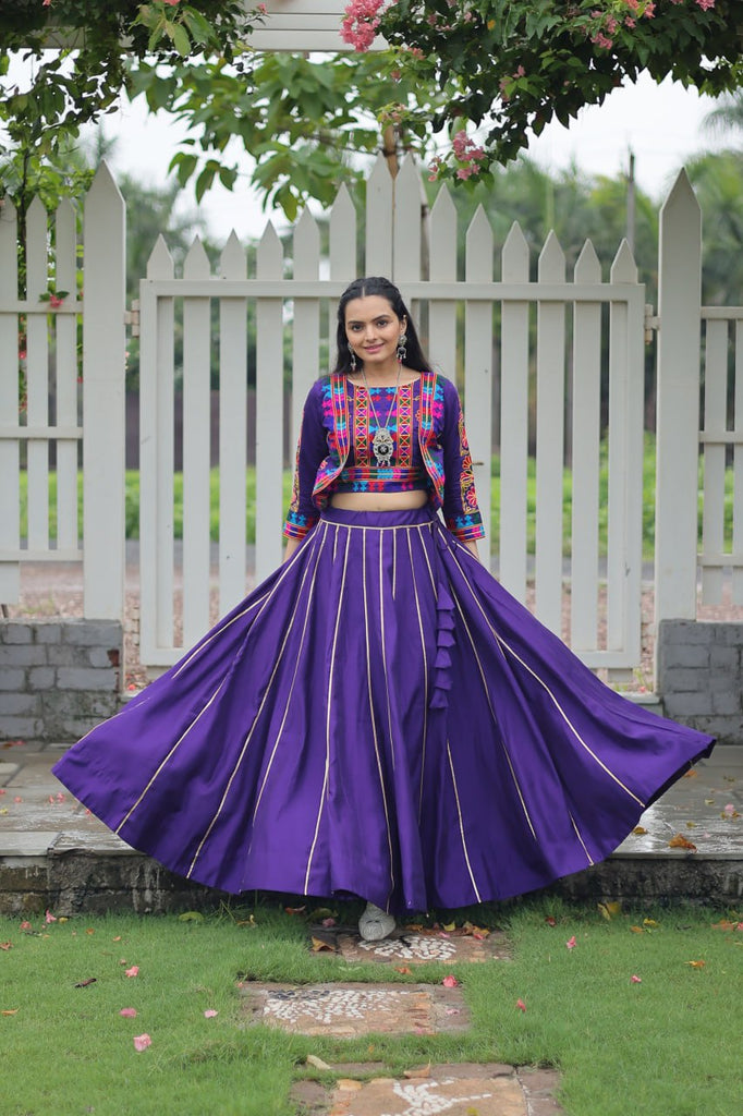 Purple Navratri Special Roman Fabric Lehenga Set with Kutchi Gamthi Embroidery & Gota Patti Lace ClothsVilla
