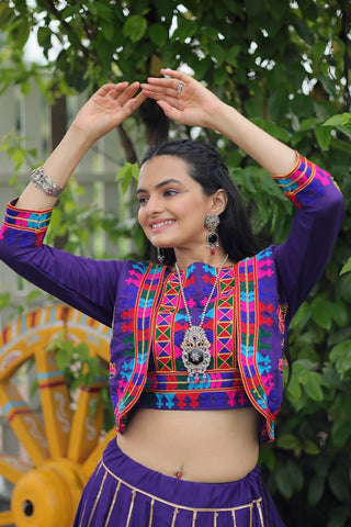 Purple Navratri Special Roman Fabric Lehenga Set with Kutchi Gamthi Embroidery & Gota Patti Lace ClothsVilla