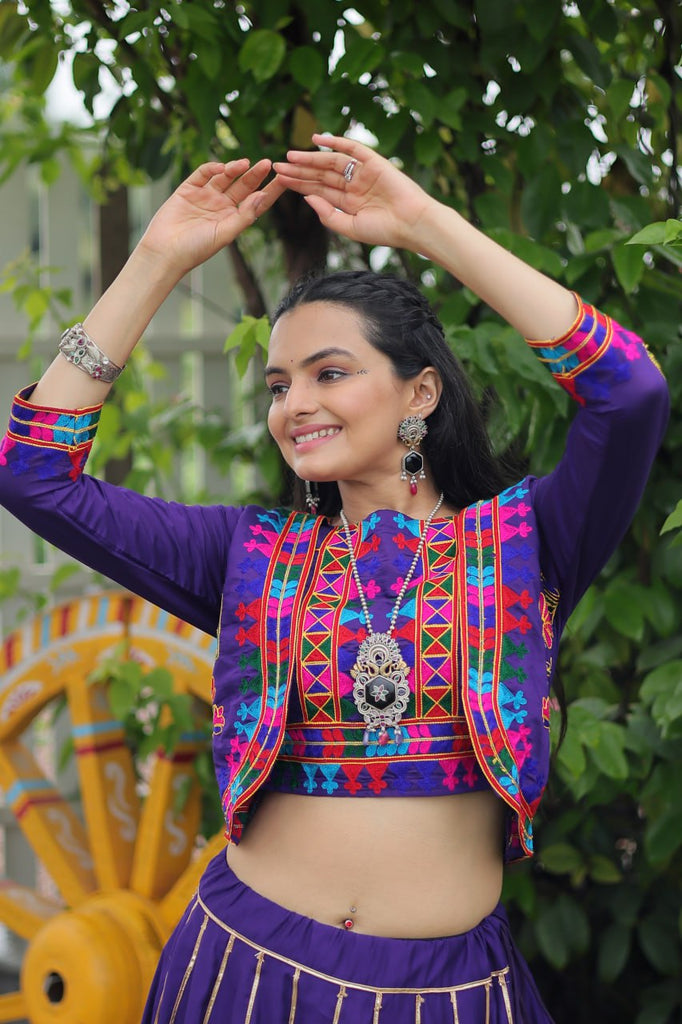 Purple Navratri Special Roman Fabric Lehenga Set with Kutchi Gamthi Embroidery & Gota Patti Lace ClothsVilla