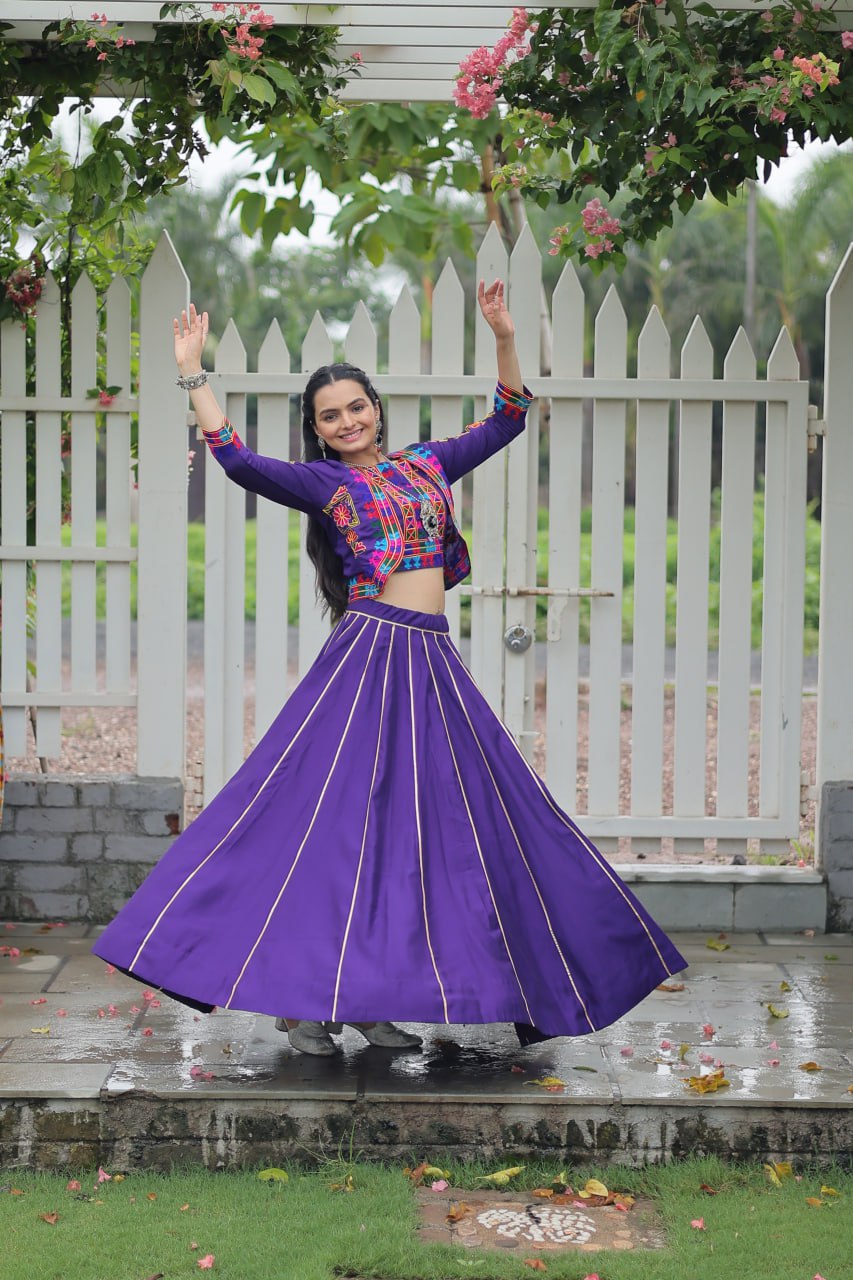 Purple Navratri Special Roman Fabric Lehenga Set with Kutchi Gamthi Embroidery & Gota Patti Lace ClothsVilla