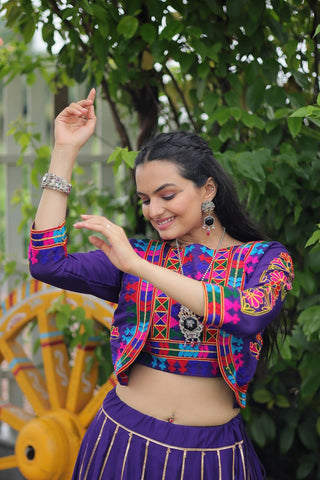Purple Navratri Special Roman Fabric Lehenga Set with Kutchi Gamthi Embroidery & Gota Patti Lace ClothsVilla