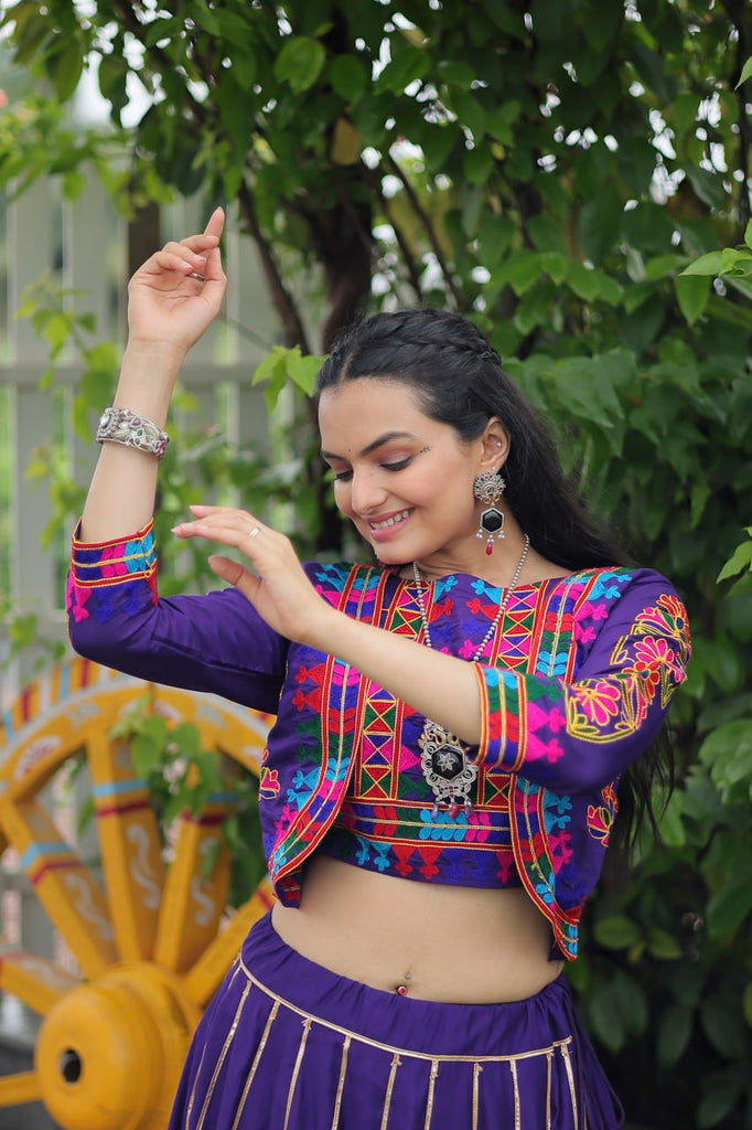 Purple Navratri Special Roman Fabric Lehenga Set with Kutchi Gamthi Embroidery & Gota Patti Lace ClothsVilla