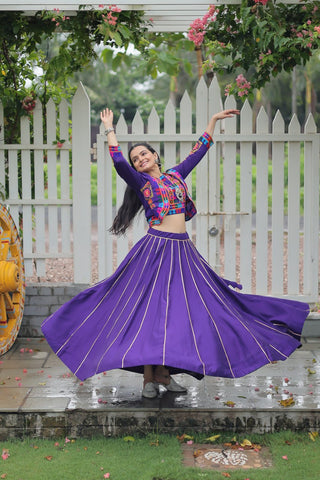 Purple Navratri Special Roman Fabric Lehenga Set with Kutchi Gamthi Embroidery & Gota Patti Lace ClothsVilla