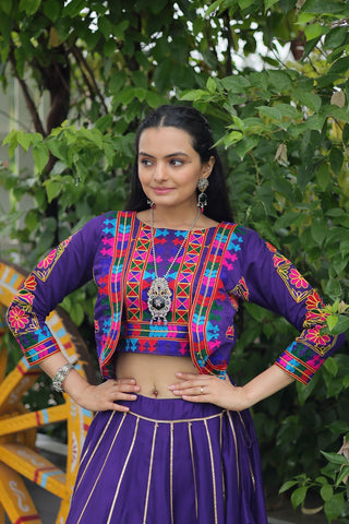 Purple Navratri Special Roman Fabric Lehenga Set with Kutchi Gamthi Embroidery & Gota Patti Lace ClothsVilla