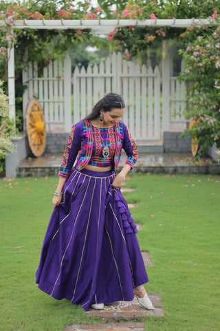 Purple Navratri Special Roman Fabric Lehenga Set with Kutchi Gamthi Embroidery & Gota Patti Lace ClothsVilla
