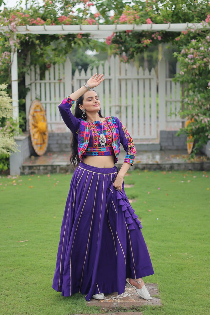 Purple Navratri Special Roman Fabric Lehenga Set with Kutchi Gamthi Embroidery & Gota Patti Lace ClothsVilla