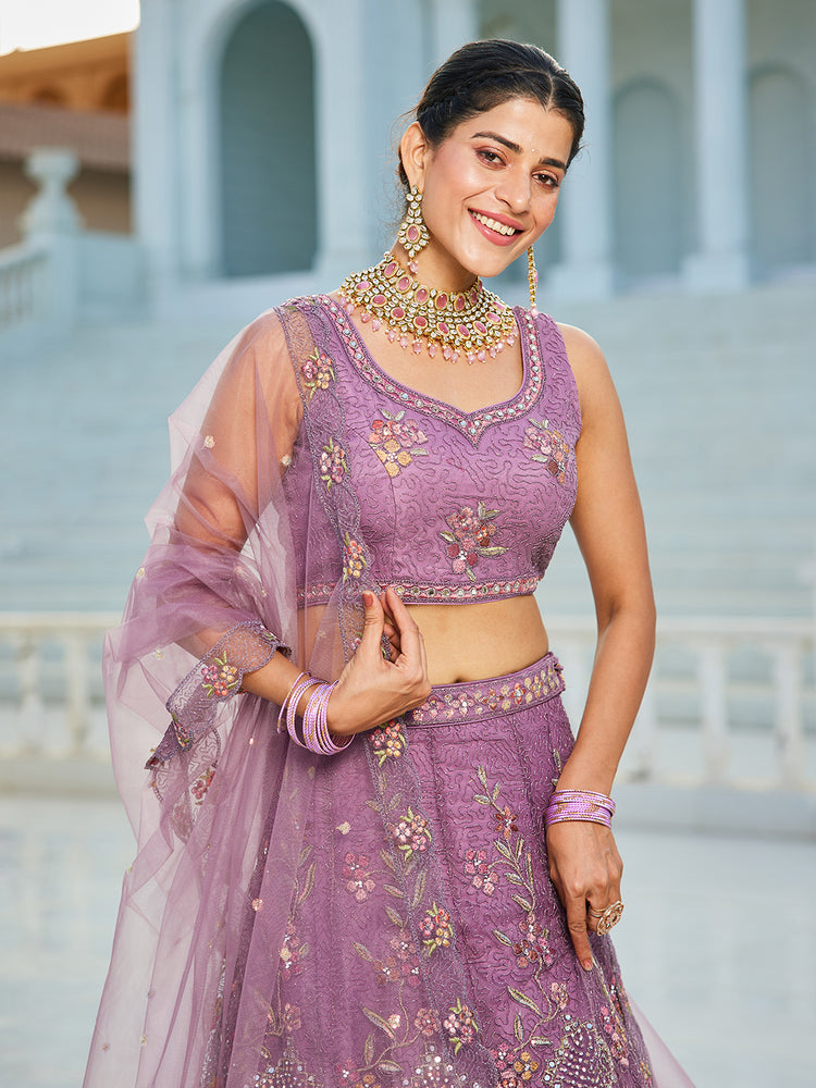 Purple net with Coding & Zarkan embroidery Semi-Stitched Lehenga choli & Dupatta ClothsVilla
