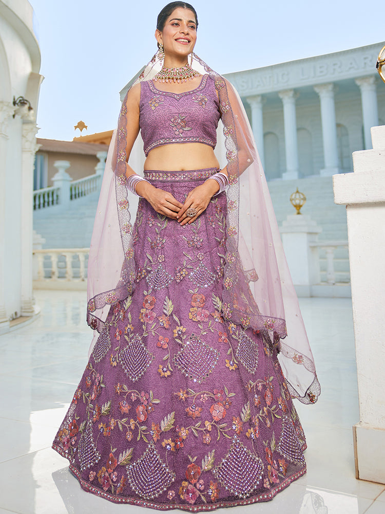 Purple net with Coding & Zarkan embroidery Semi-Stitched Lehenga choli & Dupatta ClothsVilla