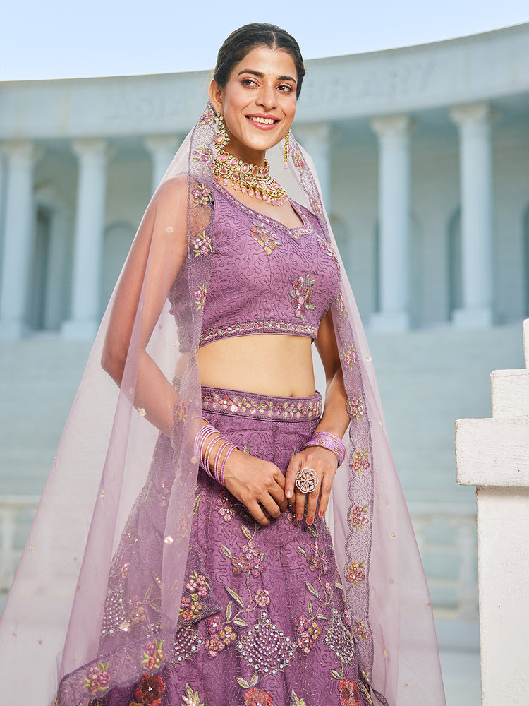 Purple net with Coding & Zarkan embroidery Semi-Stitched Lehenga choli & Dupatta ClothsVilla