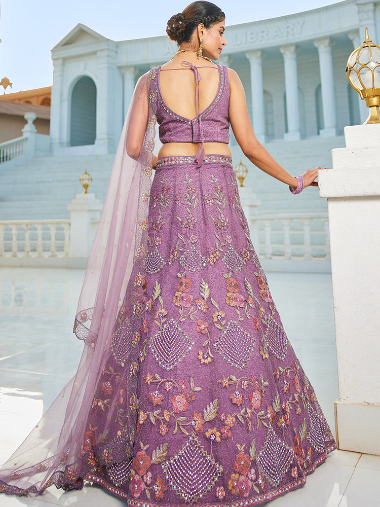 Purple net with Coding & Zarkan embroidery Semi-Stitched Lehenga choli & Dupatta ClothsVilla