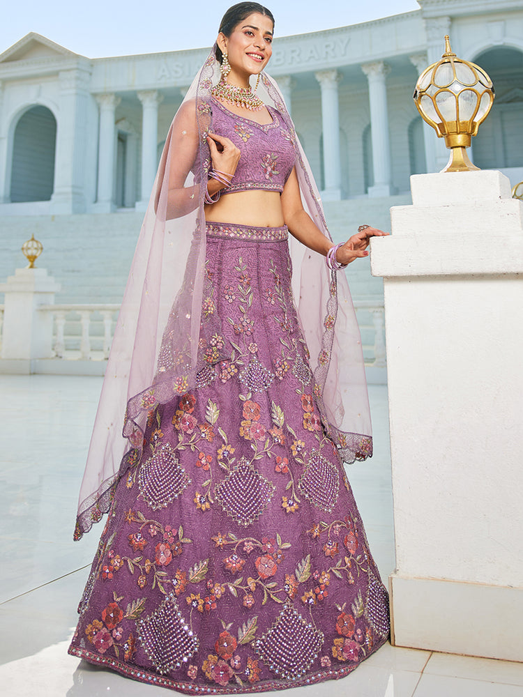 Purple net with Coding & Zarkan embroidery Semi-Stitched Lehenga choli & Dupatta ClothsVilla