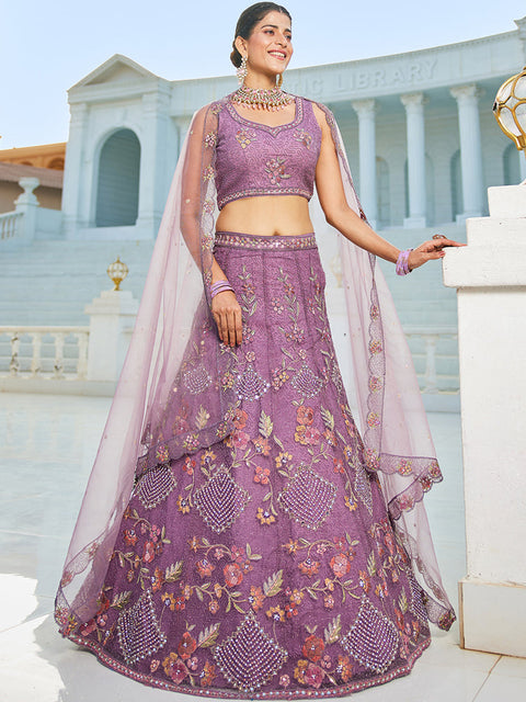 Purple net with Coding & Zarkan embroidery Semi-Stitched Lehenga choli & Dupatta ClothsVilla Main image