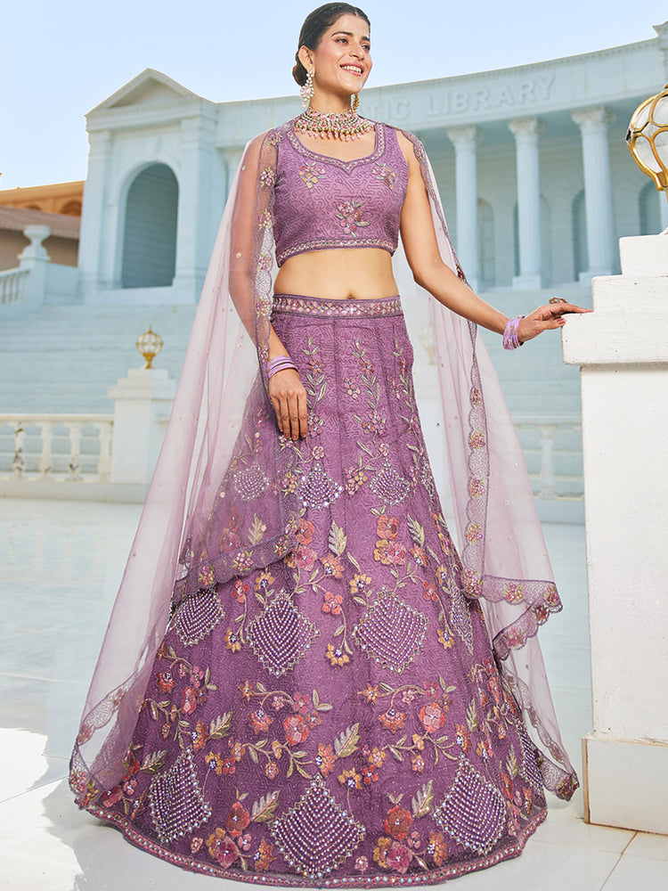 Purple net with Coding & Zarkan embroidery Semi-Stitched Lehenga choli & Dupatta ClothsVilla
