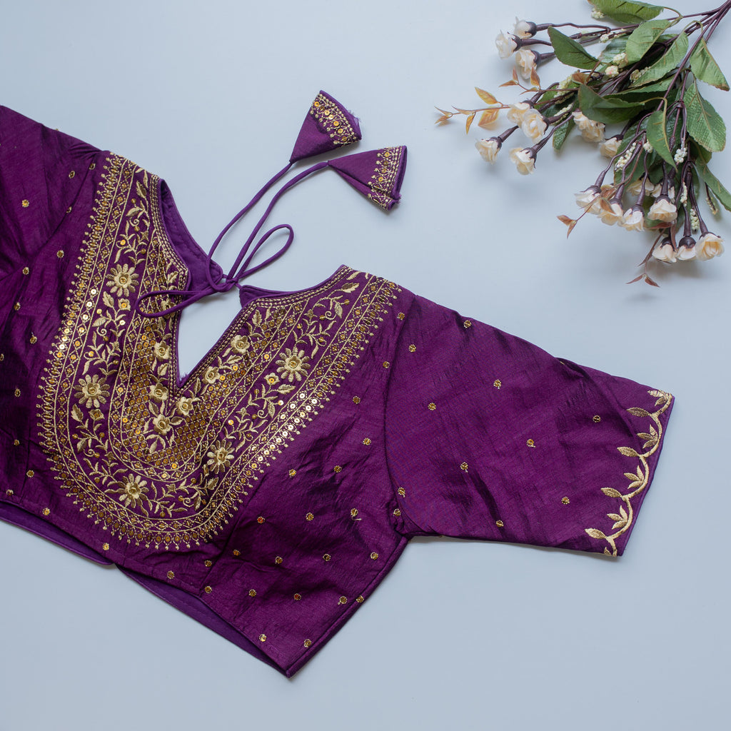 Purple Olive Silk Blouse with Golden Embroidery and Sequence Accents ClothsVilla