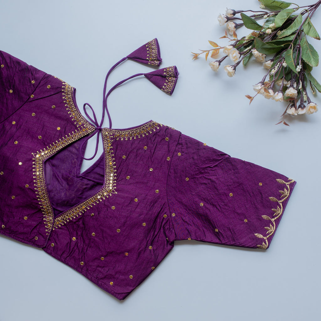 Purple Olive Silk Blouse with Golden Embroidery and Sequence Accents ClothsVilla