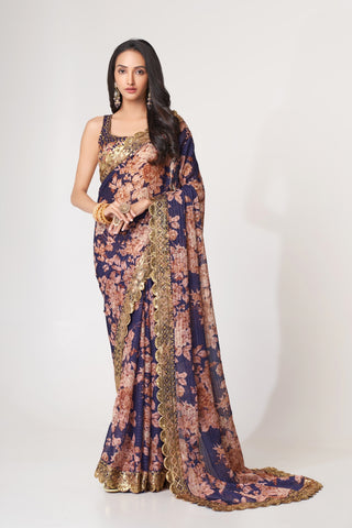 Purple Organza Saree with Sequin Embroidery and Digital Print ClothsVilla