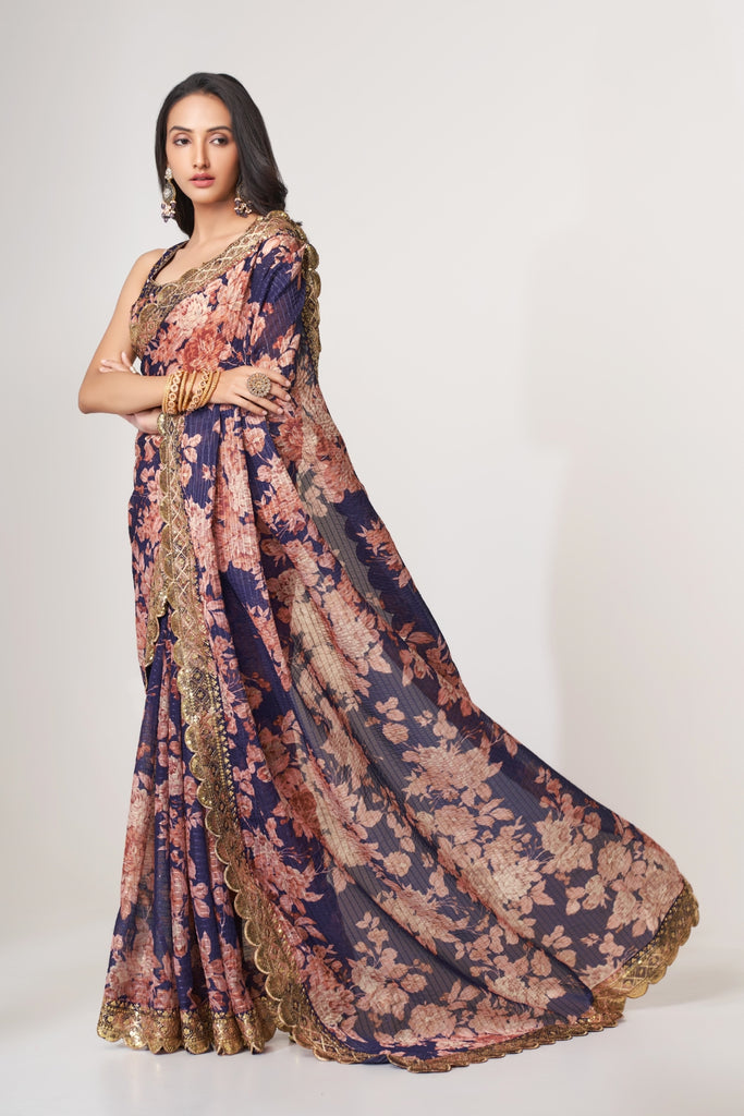 Purple Organza Saree with Sequin Embroidery and Digital Print ClothsVilla