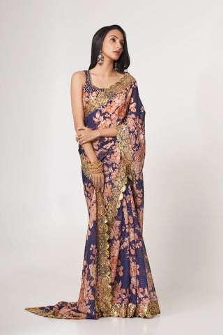 Purple Organza Saree with Sequin Embroidery and Digital Print ClothsVilla