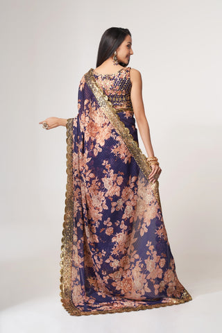 Purple Organza Saree with Sequin Embroidery and Digital Print ClothsVilla