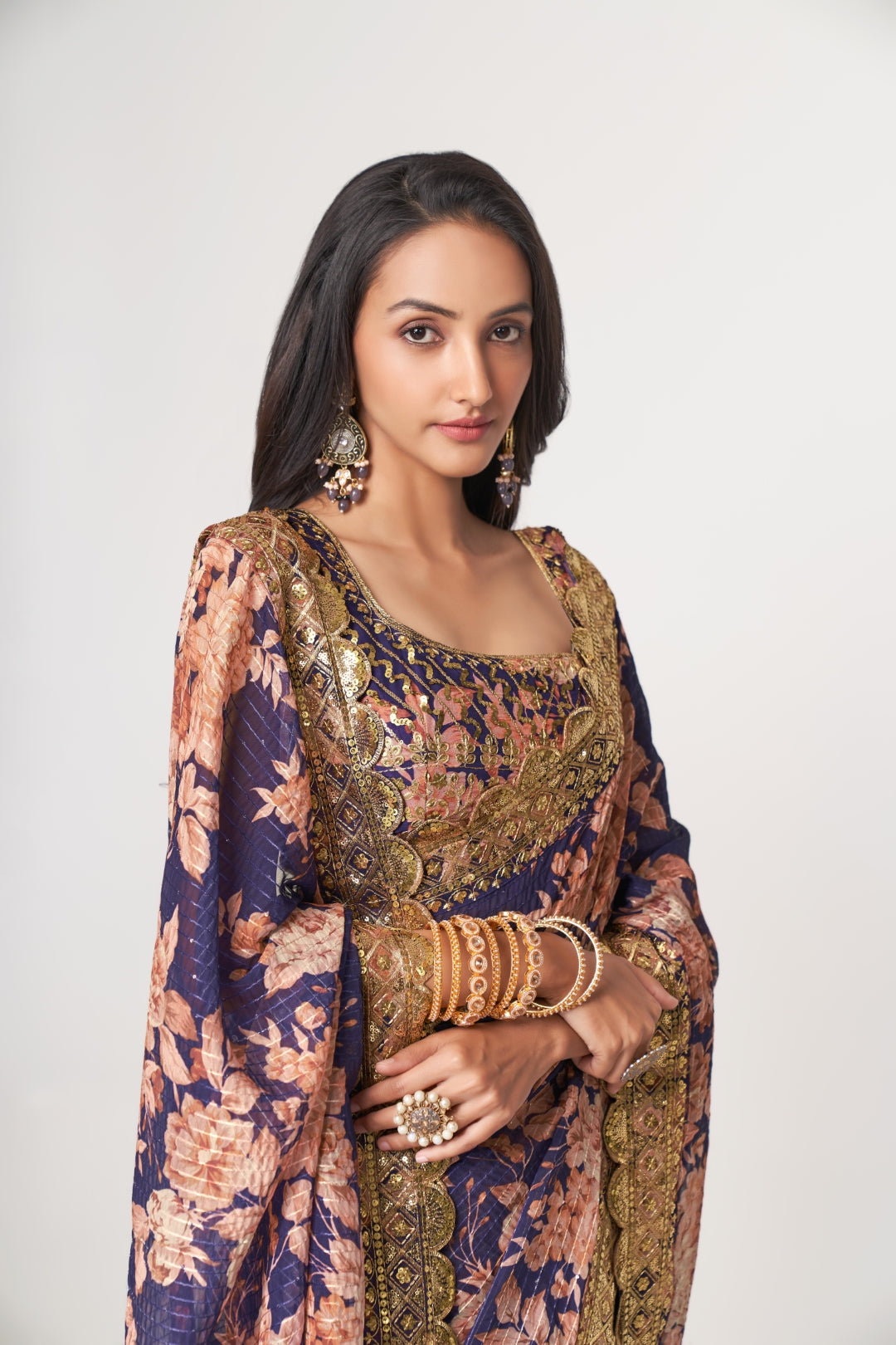 Purple Organza Saree with Sequin Embroidery and Digital Print ClothsVilla