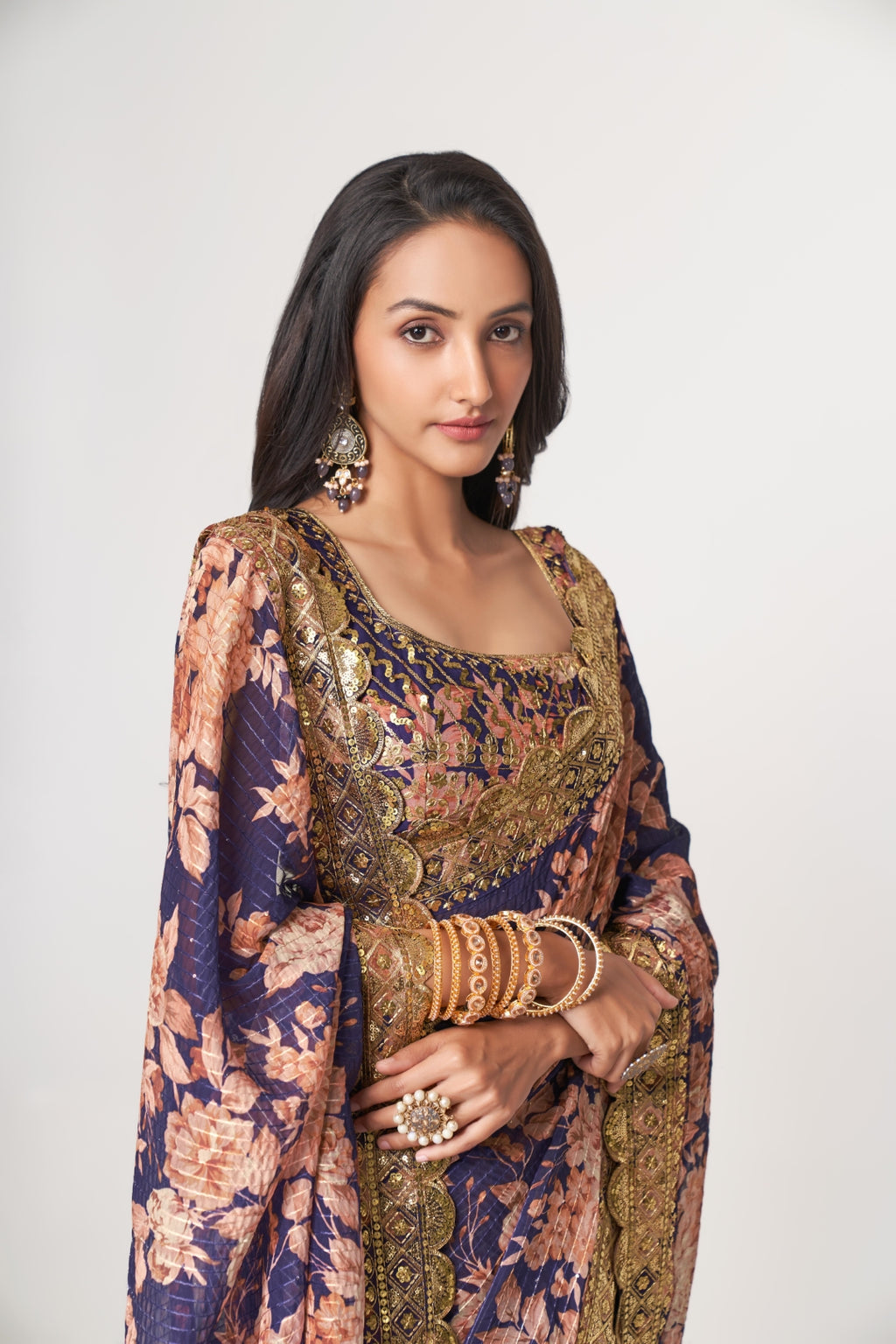 Purple Organza Saree with Sequin Embroidery and Digital Print ClothsVilla
