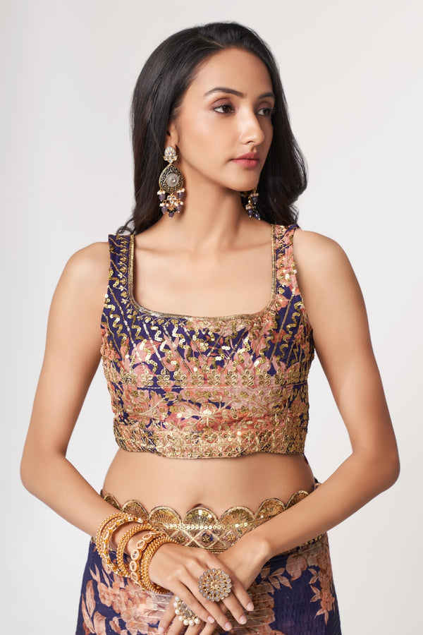 Purple Organza Saree with Sequin Embroidery and Digital Print ClothsVilla