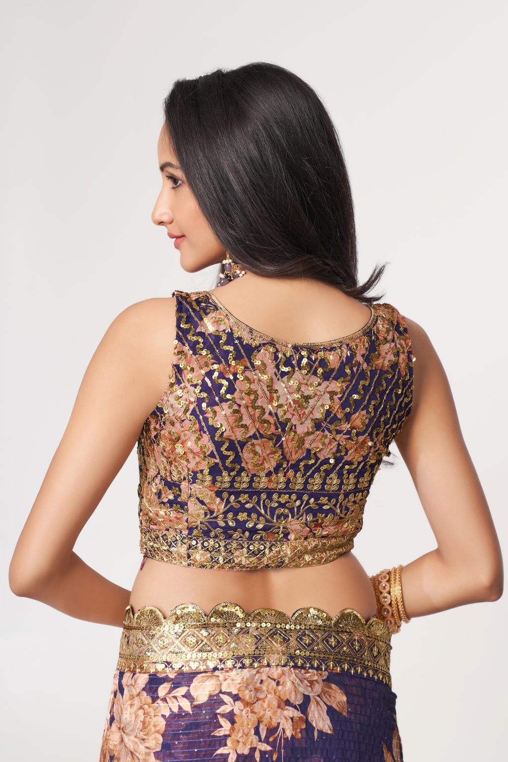 Purple Organza Saree with Sequin Embroidery and Digital Print ClothsVilla