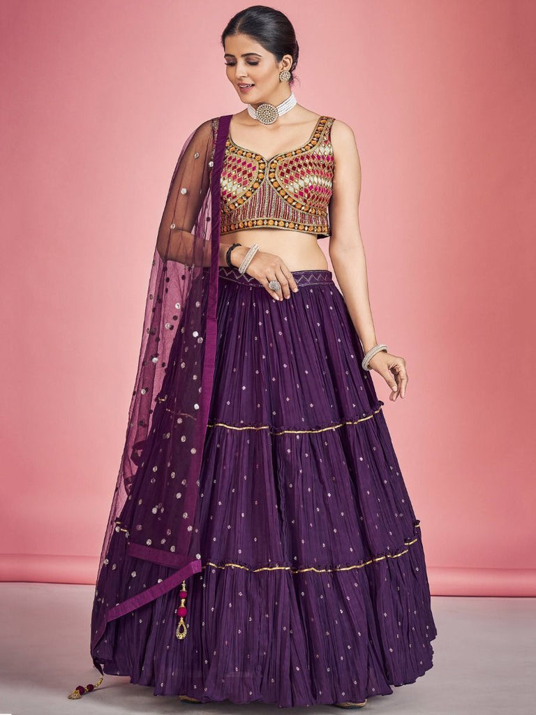 Purple Pakistani Georgette Lehenga Choli For Indian Festivals & Weddings - Sequence Embroidery Work, Thread Embroidery Work, Mirror Work Clothsvilla