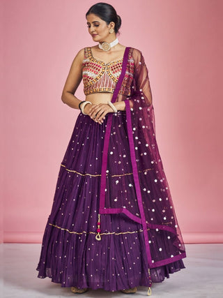 Purple Pakistani Georgette Lehenga Choli For Indian Festivals & Weddings - Sequence Embroidery Work, Thread Embroidery Work, Mirror Work Clothsvilla
