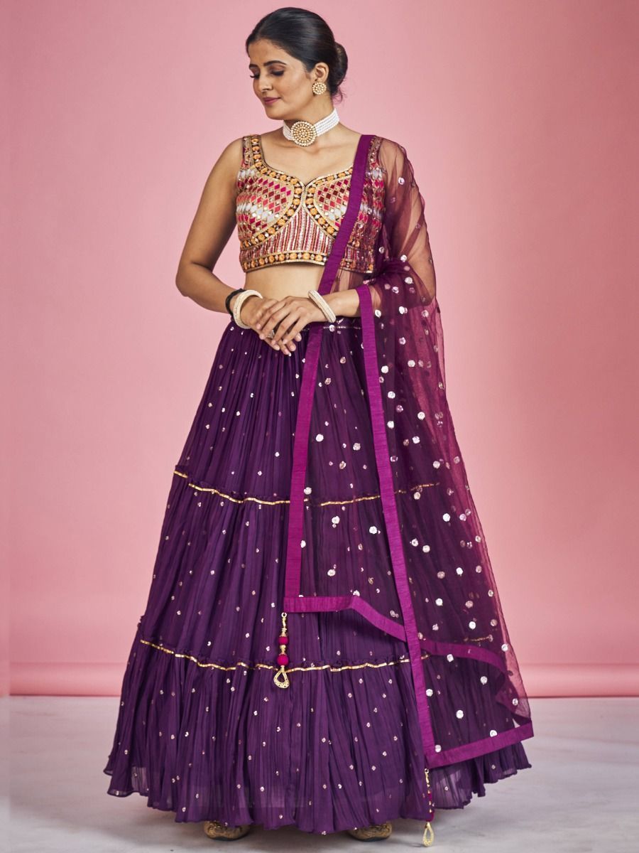 Buy Purple Mirror Work Rajwai Silk Lehenga Choli Online