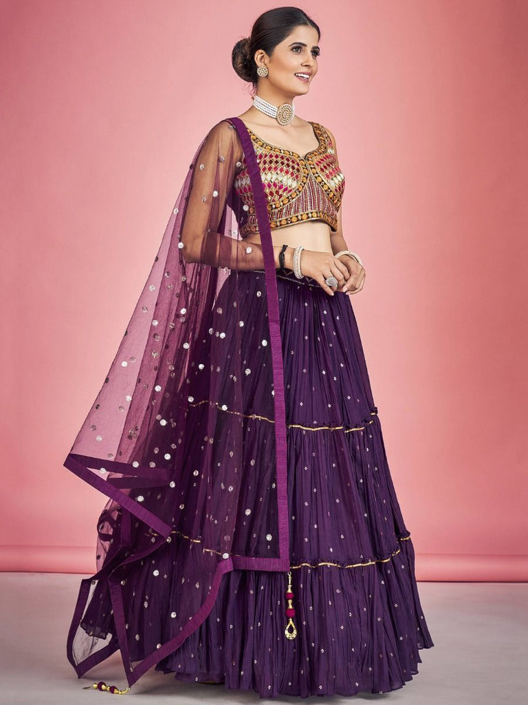 Purple Pakistani Georgette Lehenga Choli For Indian Festivals & Weddings - Sequence Embroidery Work, Thread Embroidery Work, Mirror Work Clothsvilla