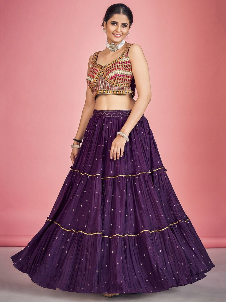 Purple Pakistani Georgette Lehenga Choli For Indian Festivals & Weddings - Sequence Embroidery Work, Thread Embroidery Work, Mirror Work Clothsvilla
