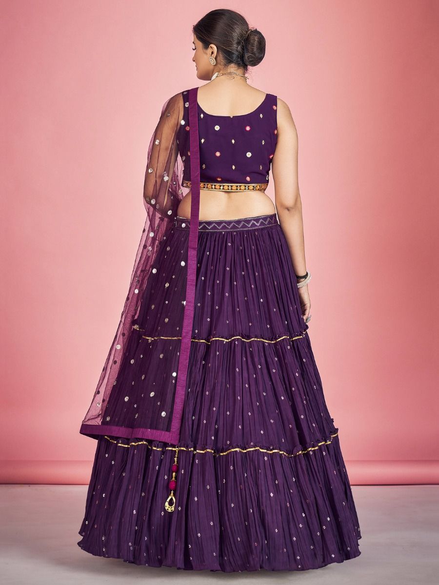 Purple Pakistani Georgette Lehenga Choli For Indian Festivals & Weddings - Sequence Embroidery Work, Thread Embroidery Work, Mirror Work Clothsvilla