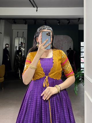 Purple Patola Print Tasar Chex Gown with Matching Koti – Stitched Ethnic Wear Set with Weaving Border & Micro Cotton Lining ClothsVilla