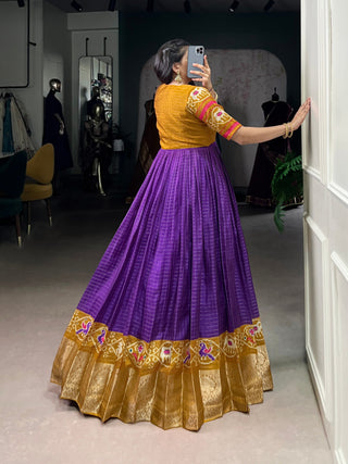 Purple Patola Print Tasar Chex Gown with Matching Koti – Stitched Ethnic Wear Set with Weaving Border & Micro Cotton Lining ClothsVilla