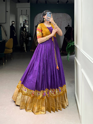 Purple Patola Print Tasar Chex Gown with Matching Koti – Stitched Ethnic Wear Set with Weaving Border & Micro Cotton Lining ClothsVilla