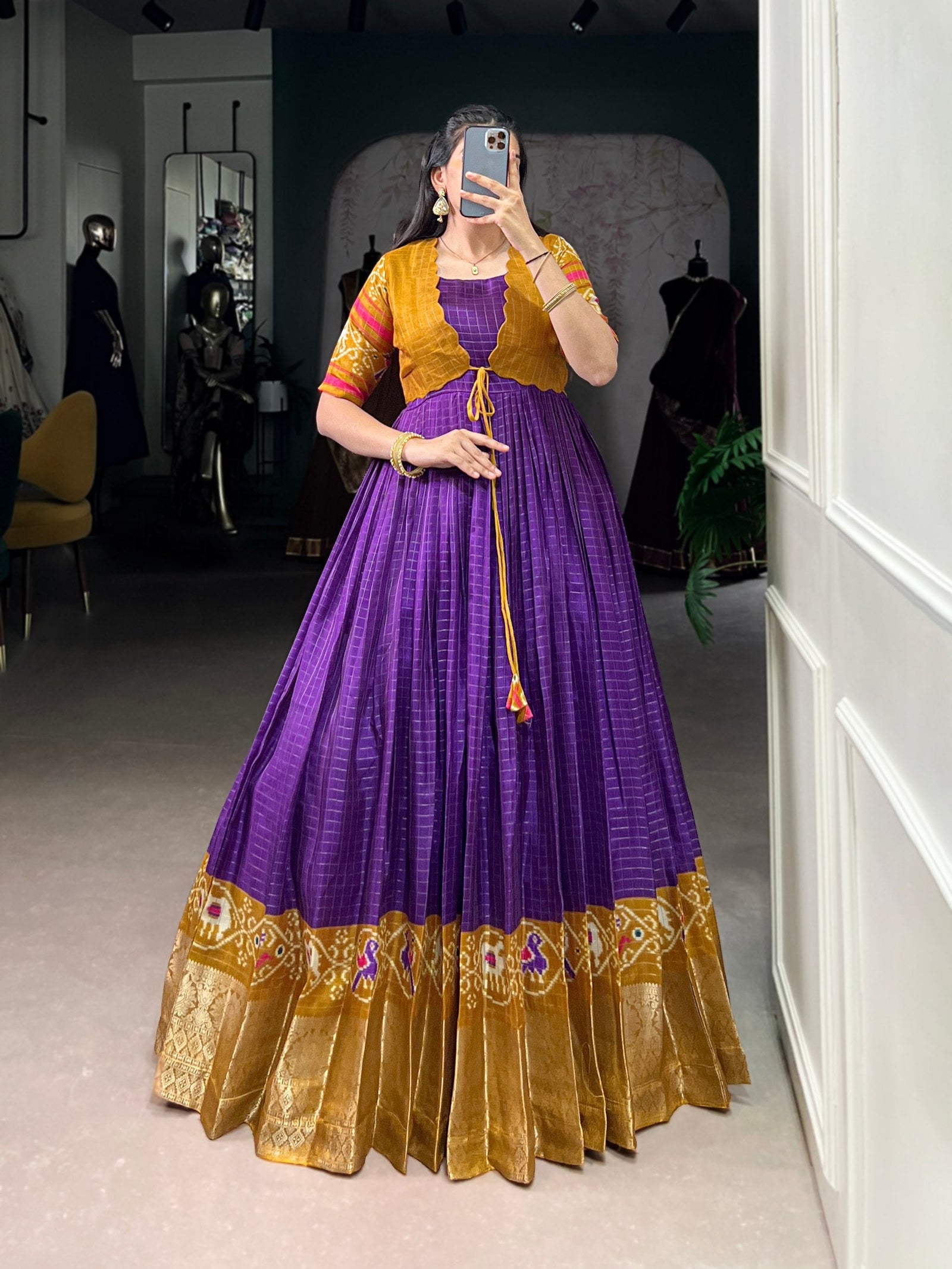 Purple Patola Print Tasar Chex Gown with Matching Koti – Stitched Ethnic Wear Set with Weaving Border & Micro Cotton Lining ClothsVilla