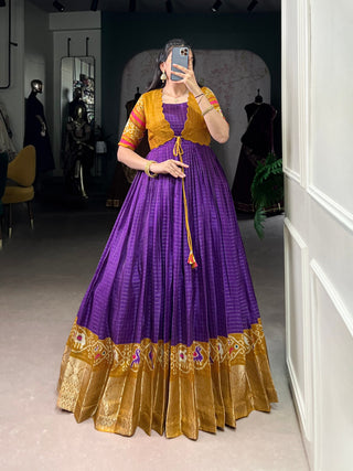 Purple Patola Print Tasar Chex Gown with Matching Koti – Stitched Ethnic Wear Set with Weaving Border & Micro Cotton Lining ClothsVilla