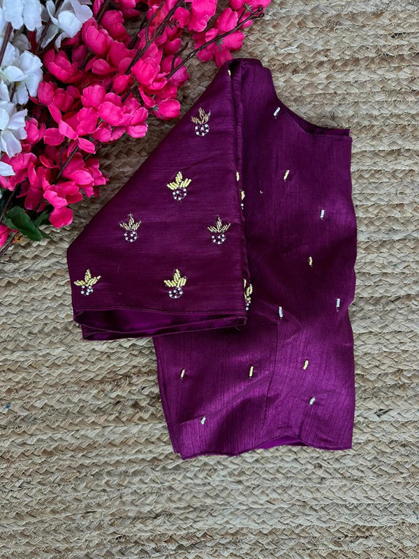 Purple Pearl-Embellished german silk Blouse with Handcrafted Golden Work ClothsVilla