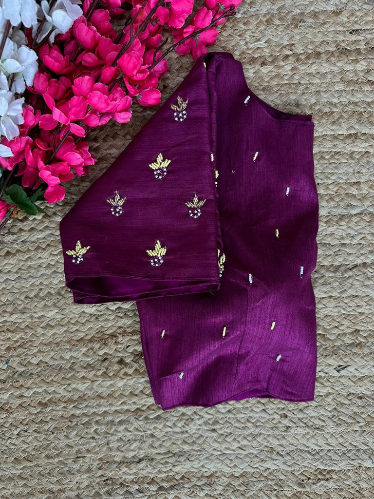 Purple Pearl-Embellished german silk Blouse with Handcrafted Golden Work ClothsVilla