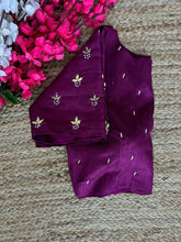 Load image into Gallery viewer, Purple Pearl-Embellished german silk Blouse with Handcrafted Golden Work ClothsVilla