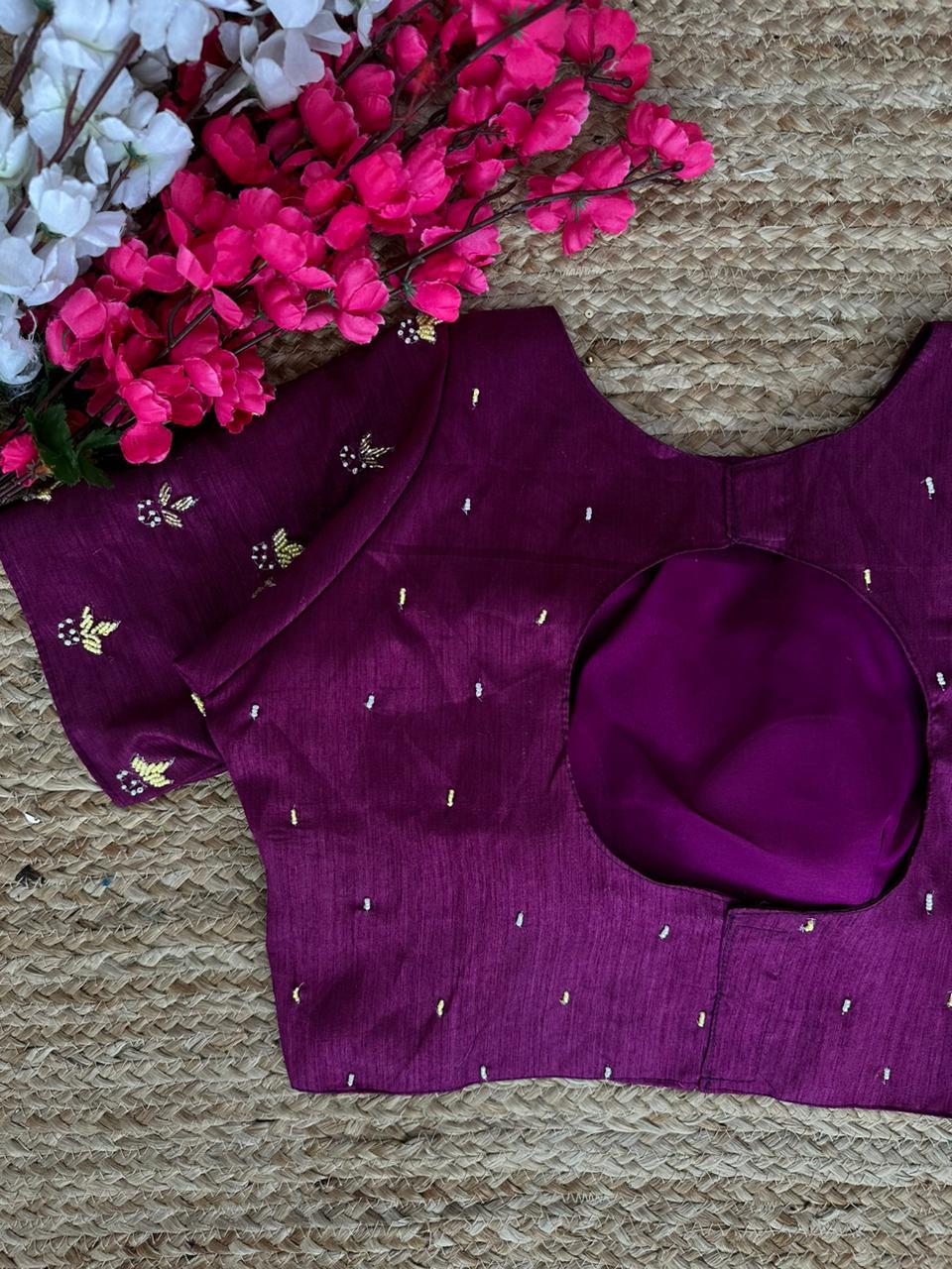 Purple Pearl-Embellished german silk Blouse with Handcrafted Golden Work ClothsVilla Main image